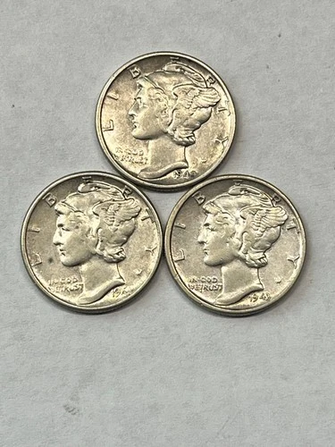 1942-P 1943-P and 1944-P Mercury Dimes XF/AU