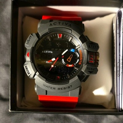 Activa Mens ACW8043 Sport Wristwatch Red Silicone Band Black Dial Analog Digital
