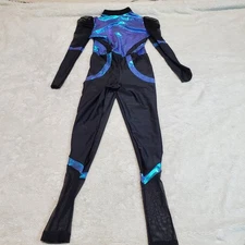 Revolution Dance Black Mesh Blue Reflective Unitard One PIece Costume Girl MC