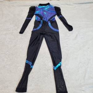 Revolution Dance Black Mesh Blue Reflective Unitard One PIece Costume Girl MC