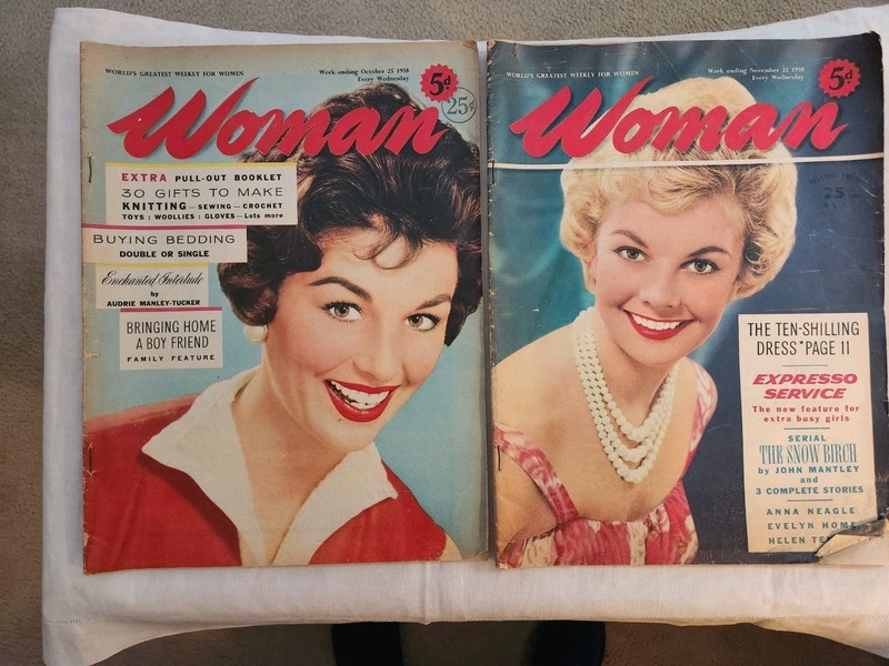 2 Vintage 1958 Woman Magazines: knitting, story features, beauty, decorating.