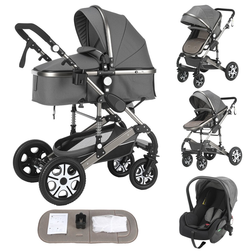 Baby Pram 3 in1 Travel System Buggy Car Seat Pushchar Up To 22Kg Black / Grey