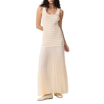 rag bone Millie Strip Tank Dress Women L Pleated Maxi Drop Waist Preppy Boho NWT