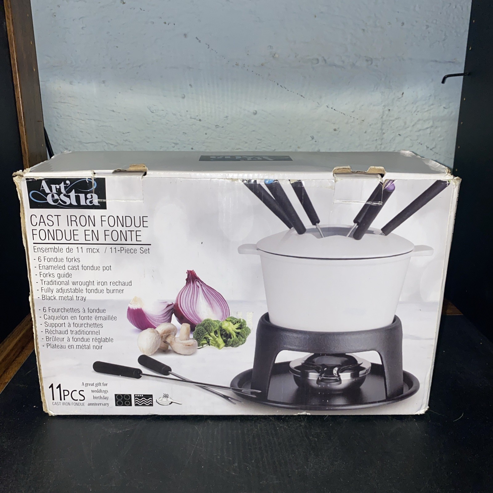 Artestia White Cast Iron Fondue Set Meat Chocolate Cheese Holiday Wedding Gift