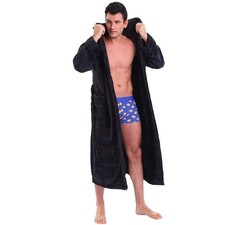 KEMUSI Hooded Herringbone Men's Dark Grey Soft Spa Long Bathrobe with Blue St...