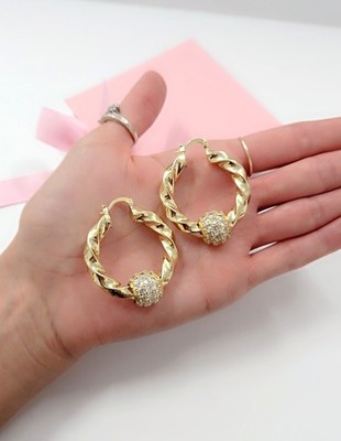 Kleine Twist-Ohrringe 9 kt Gold gefüllt 35 mm Goldcreolen mit Kugeln klobig gedreht