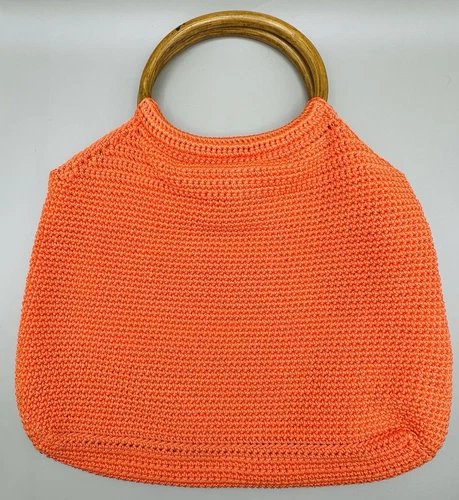 Vintage 70’s Orange Crochet Purse Lined Wood Handles Retro Groovy