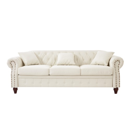 85.8" Chesterfield Sofa Faux Leather Upholstered 3Seater Rolled Arm Tufted White - Picture 5 of 12