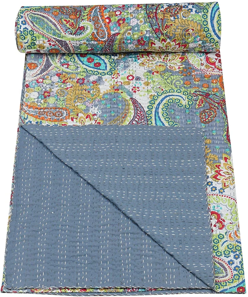 Colcha étnica Kantha edredón tamaño king de algodón hecha a mano colcha gris sábana Foto 2 de 4