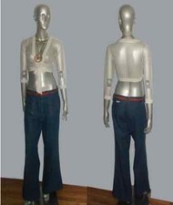 Vintage Go USA Blue Denim Coral Contrast Stitch Detail Wide Leg Bell Bottom Jean