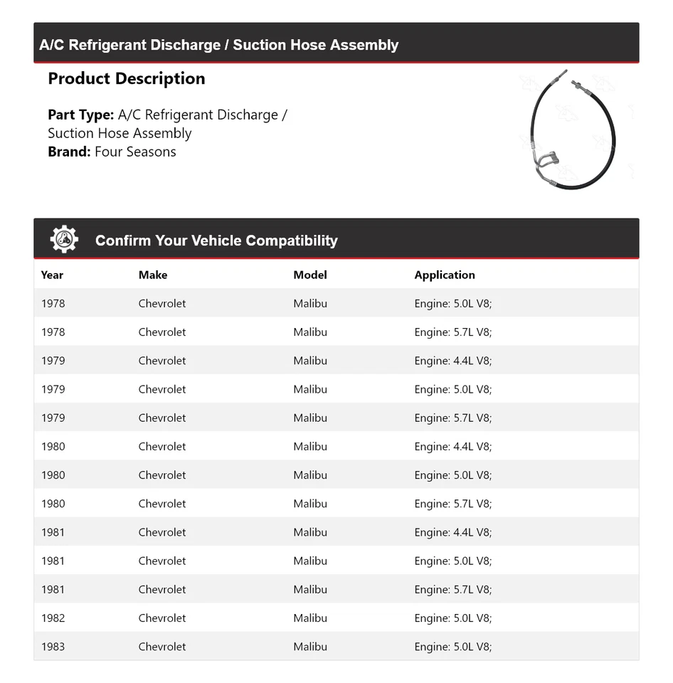 Conjunto de manguera de línea de succión de descarga Chevrolet Malibu 1978-83 4 estaciones 19 Foto 2 de 4