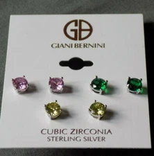 Giani Bernini CZ Sterling Silver Stud Earrings 3PC Set - Pink, Green, And Yellow