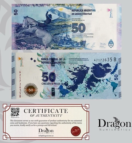 Argentina 50 Pesos P-362 ND 2015 UNC PREFIX "B" Commemorative Malvinas Islands