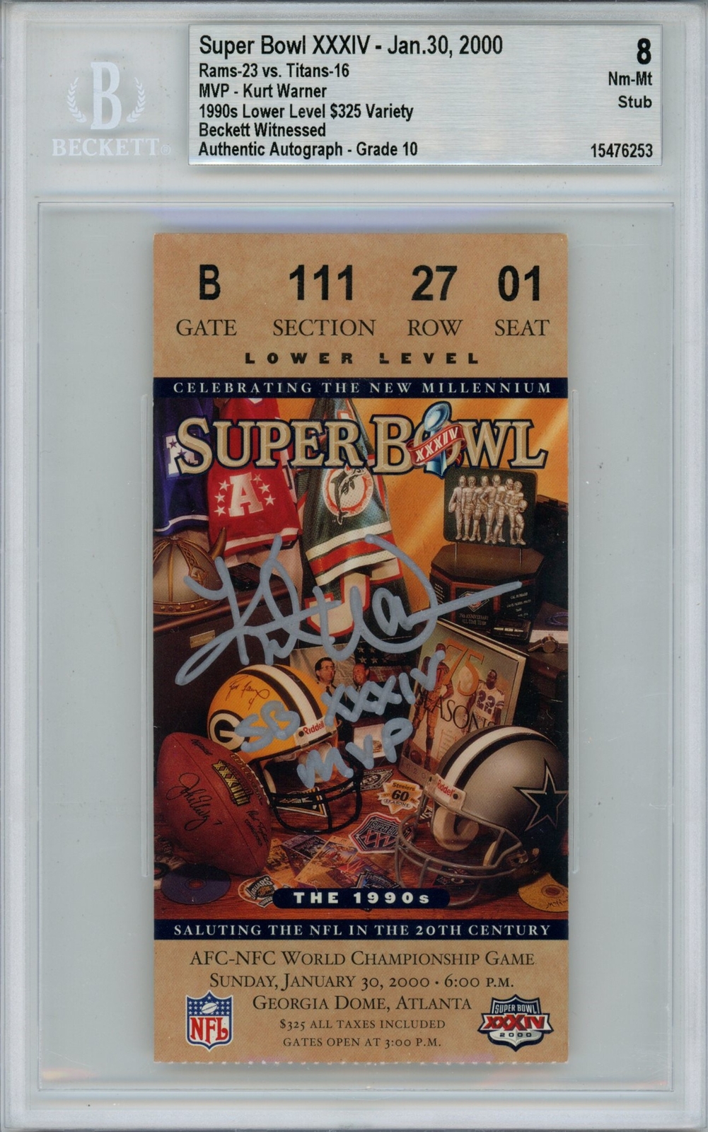 Kurt Warner Autographed Signed St Louis Rams Grade 8 Ticket Stub Sb MVP Beckett 