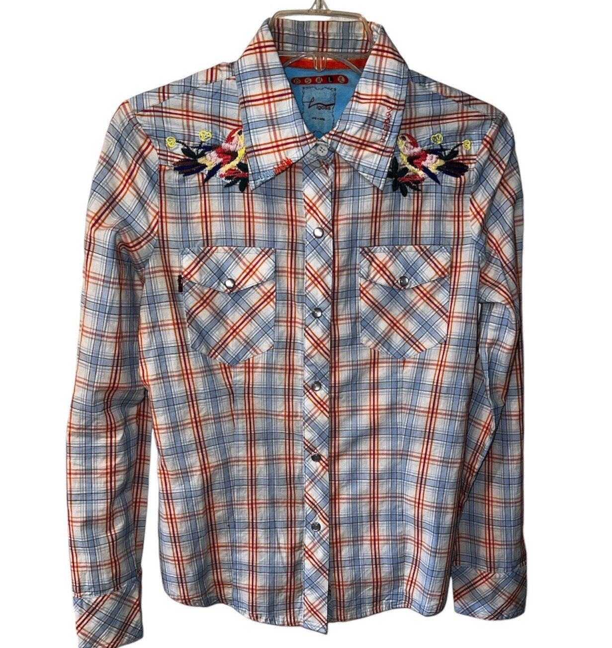 Vigoss Womens L Boho Pearl Snap Western Shirt with Plaid Embroidered Studs and Jewel Details