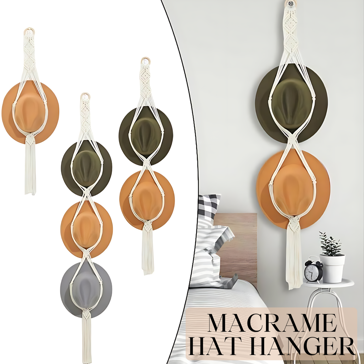Boho Hand-Woven Macrame Hat Display Rack 1-3 Hat Rope hanger