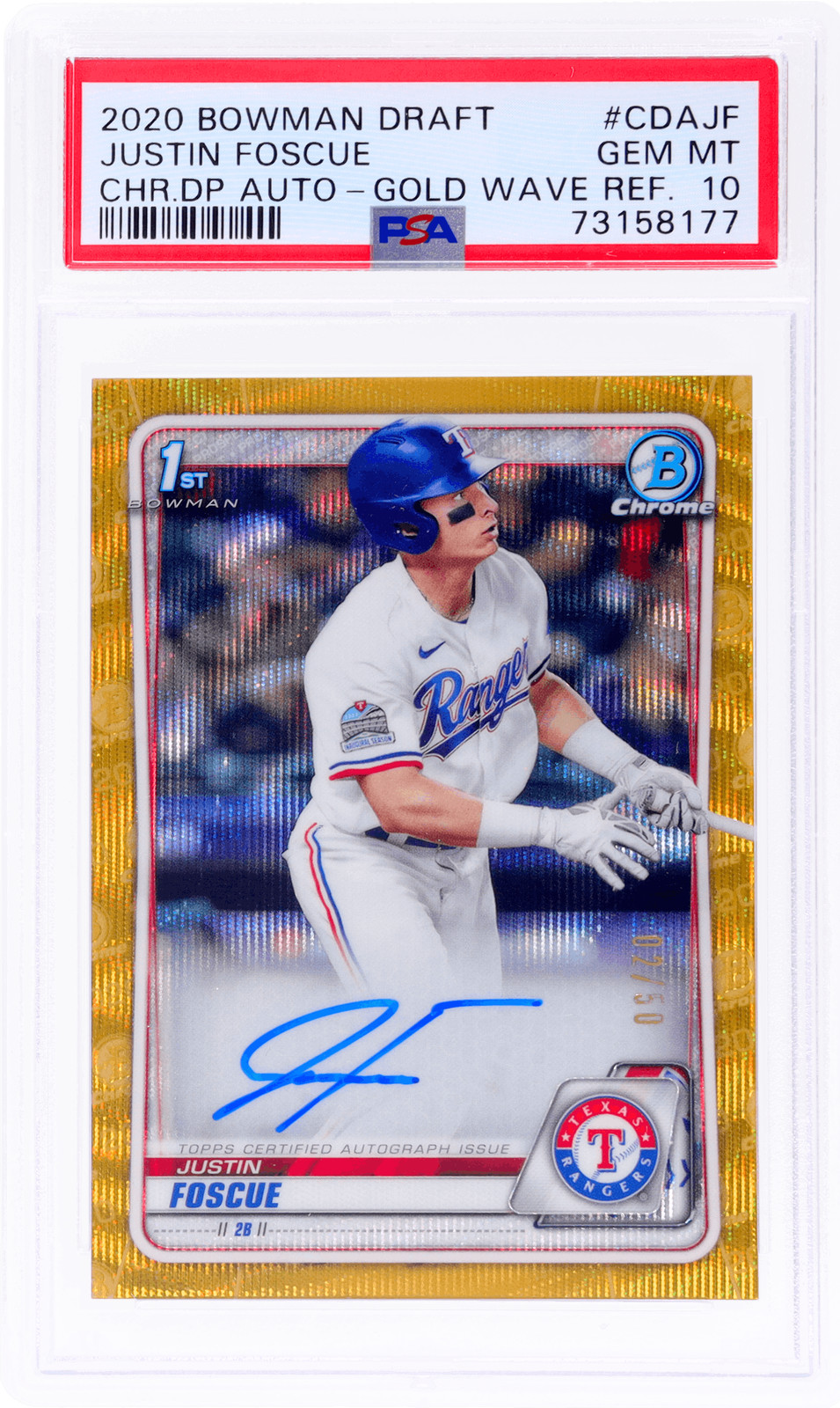 2020 Bowman Justin Foscue Chrome Auto Gold Wave Refractor #CDAJF /50 PSA 10