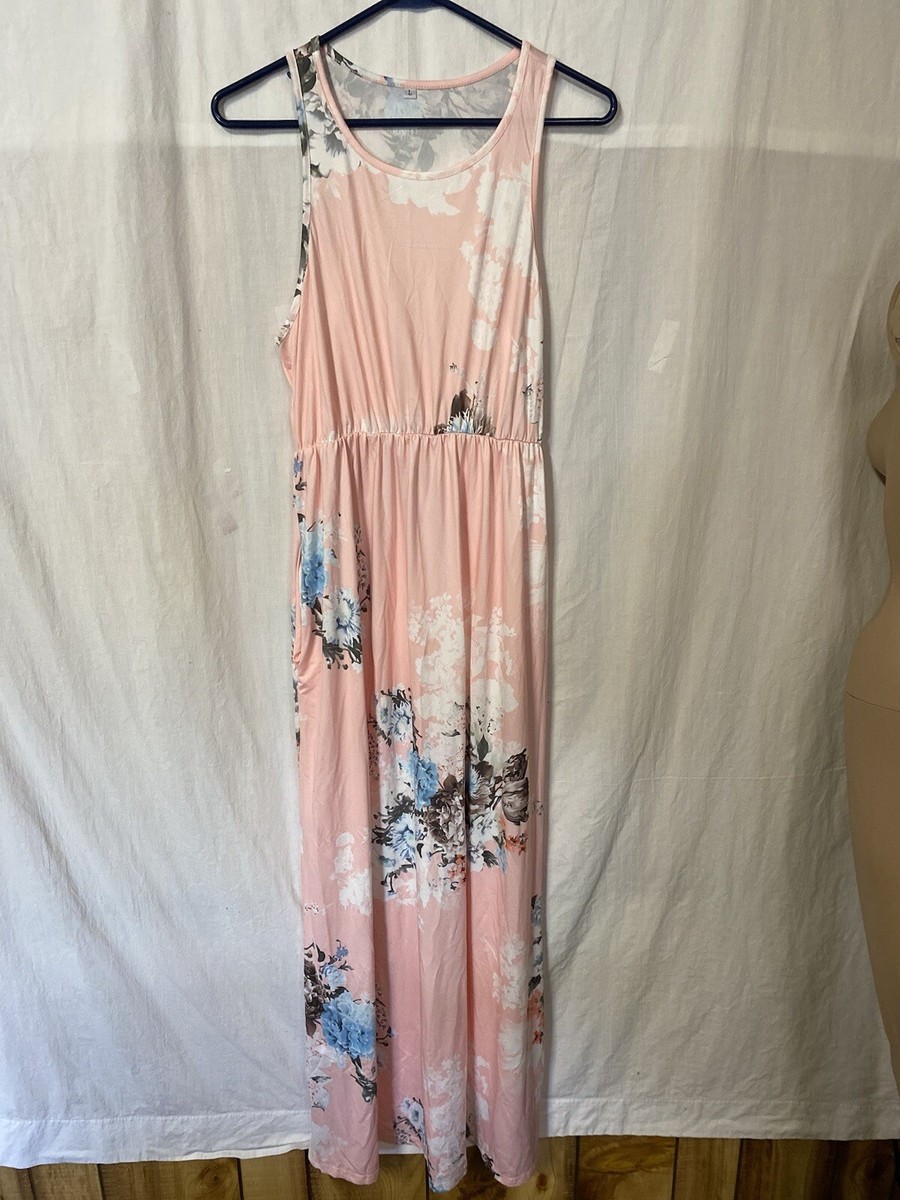 LIly POSH BOUTIQUE Maxi Dress Size L Sleeveless Jersey Pink Floral POCKETS LIly POSH BOUTIQUE Maxi Dress Size L Sleeveless Jersey Pink Floral POCKETS