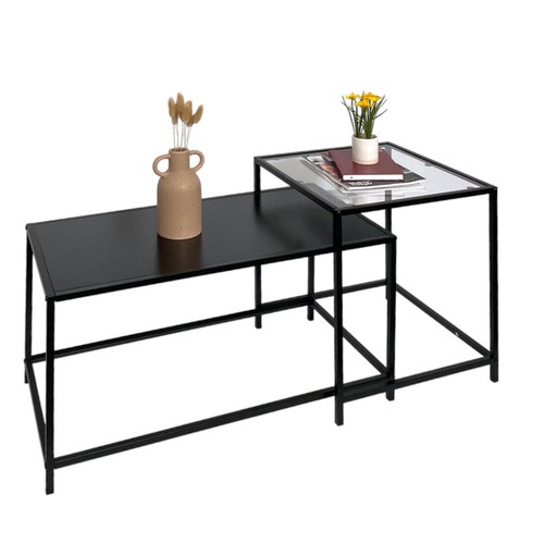 Set Of 2 Coffee Table Black Large Nesting Tables Side Table with Clear Glass Top - Picture 9 of 13