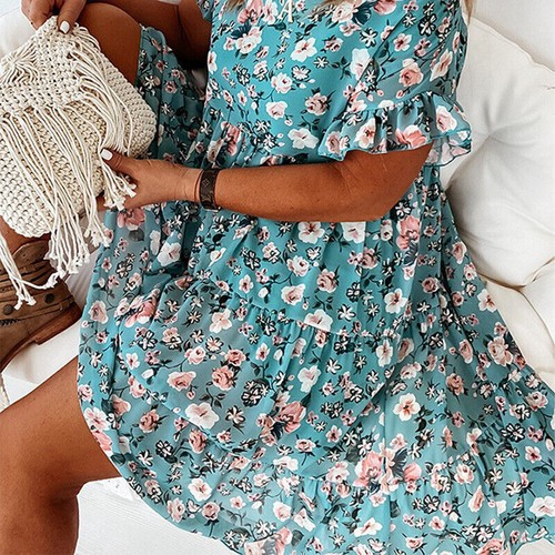 Women Short Sleeve Floral Midi Dress Ladies Casual Loose Boho Ruffle Swing Dress - Picture 5 of 26