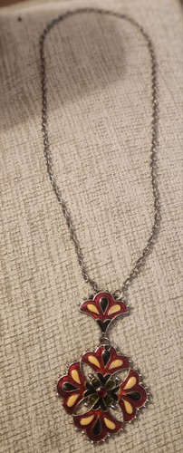 Vintage 1970's Red Black Green Yellow Enamel Maltese Cross 30 " Necklace - Picture 2 of 4