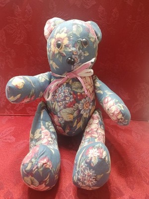Vintage Blue Floral Jointed Teddy Bear Hand Made 15''
