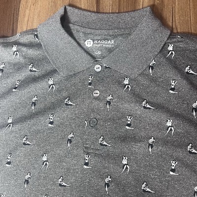 Haggar Polo Golf  Shirt Mens LG Pullover Gray Hula Girl All Over Print Polyester