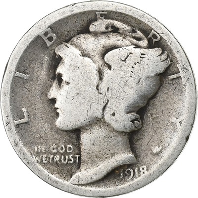 [#198055] USA, Dime, Mercury, 1918, U.S. Mint, Silber, F(12-15), KM:14