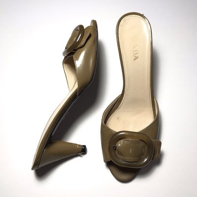 Prada Art Deco Whimsical Buckle Patent Leather Brown Mule Heels 39