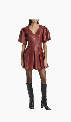LDT Alexis Red Faux Leather Puff Sleeve Flare Dress