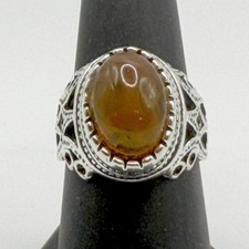 Vintage Style Silver Filigree Amber Cabochon Ring 7.5