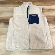 Vineyard Vines Boys XL 18 Sherpa Fleece Vest Cream Navy Blue Full Zip Pocket