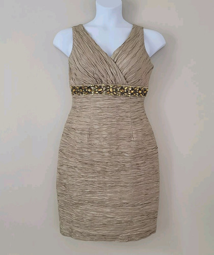 ELIZA J Size 10 Gold Crinkled Taffeta Sheath Dress with Embellished Empire Waist
