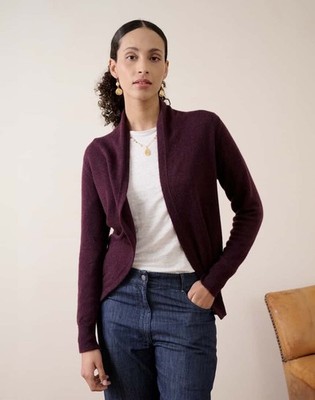 Brora 100% Cashmere Cardigan Burgundy UK 8 10   Open Front, Soft Luxury Knit