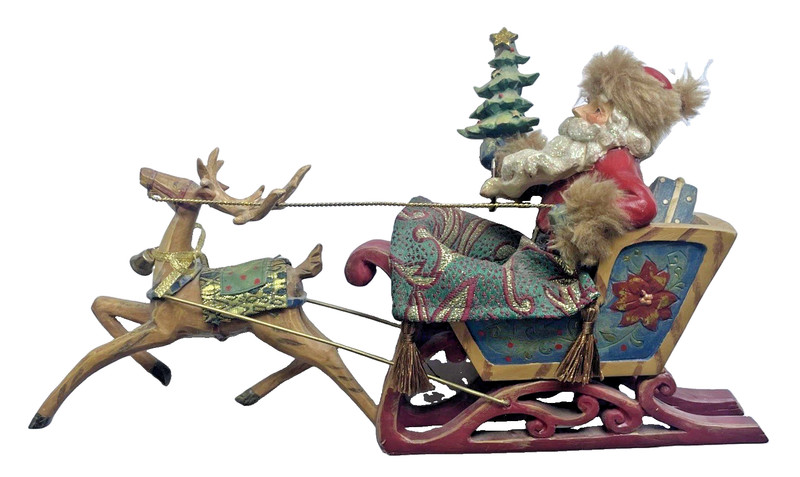 Vintage ~ SANTA CLAUS in SLEIGH w REINDEER ~ 12" Christmas Tabletop Decoration