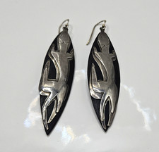 Sterling Silver Overlay Lizard Wood Backed Dangle Pierced Earrings 3"
