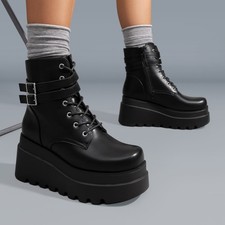 Women Chunky High Heel Platform Combat Ankle Boots Lace Up Motorcycle Booties.
