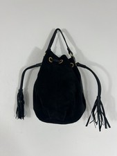 Topshop Black Suede Leather Drawstring Bucket  Pouch Bag Round Wristlet Handbag 