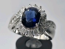 Elegant Silver Tone Simulated Blue Sapphire  Crystal Halo Cocktail Ring Sz 8.25