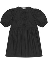 GANNI Black Organic Cotton Mini Dress with Front Tie and Puff Sleeves