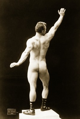 Print: Eugen Sandow, Portrait, Right Arm Raised, 1894