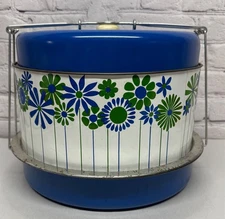 Vtg Metal Cake Pie Carrier Blue Floral Triple Decker 70s Flower Power Retro