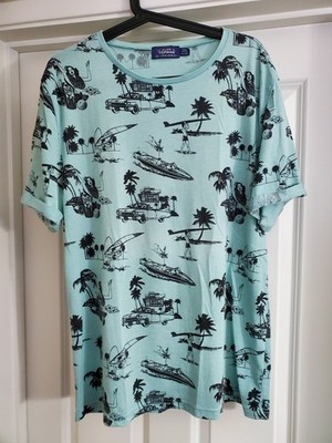 Vintage TOPMAN Men's Turquise Summer T-shirt In Size L, Tropical Beach Graphic