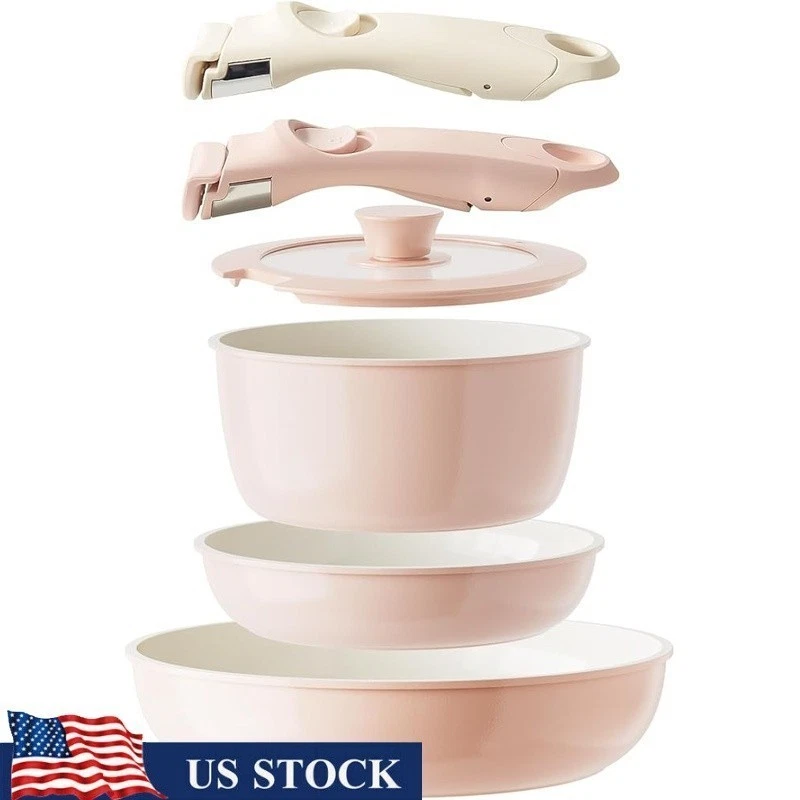 Natural Ceramic Cookware Set Stackable Nonstick Oven Safe Detachable Handle New