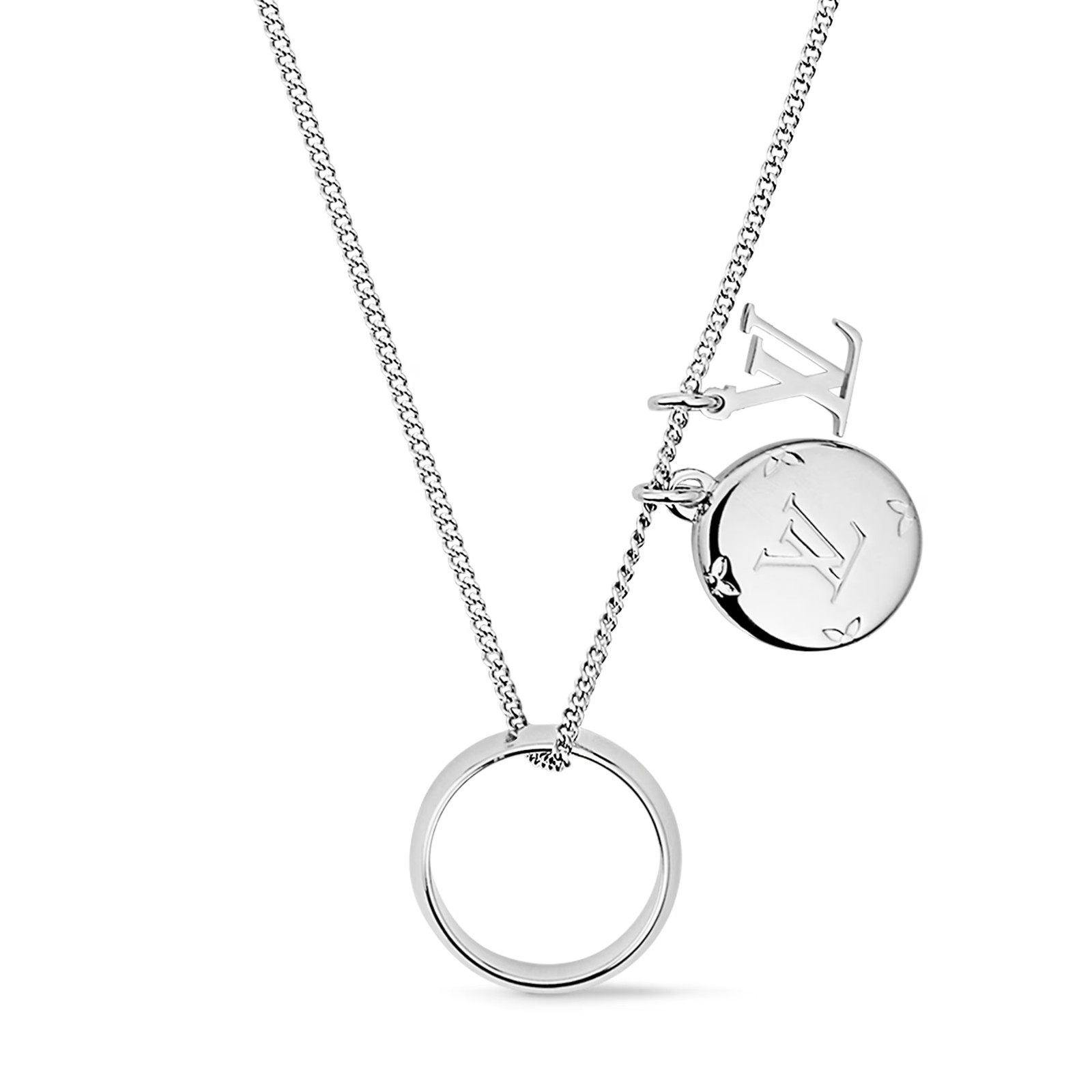 Collier Monogram Charms Louis Vuitton en argent massif gravé pour homme élégant