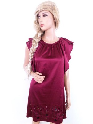 BCBGENERATION Damen Kleid Gr. M Bordeaux Kurzer Ärmel Perlen Knielang Runder