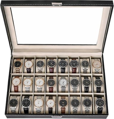 24 Slots Watch Box PU Leather Watch Case Organizer Watch Display Case Lockable !