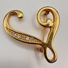 Vintage 80s Gold Tone Swirl Heart Brooch Pin Clear Rhinestone Statement Jewelry