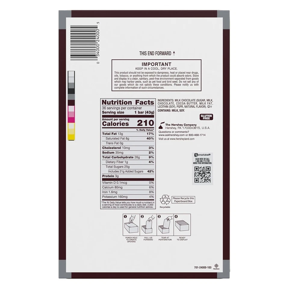Barritas de caramelo de chocolate con leche HERSHEY'S, 1,55 OZ (36 unidades) Foto 2 de 4