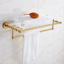 Polished Gold Wall Mounted Towel Rack Holder Shelf Bathroom Double Rail Hanger